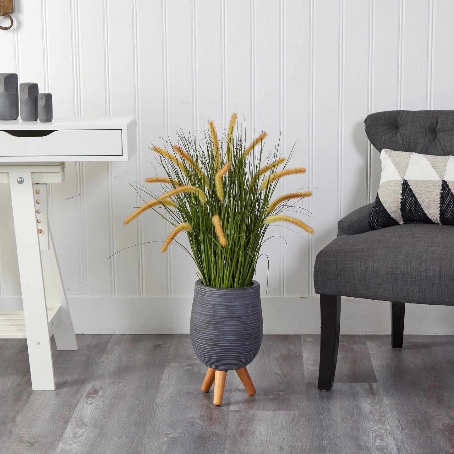 3’ Onion Grass Artificial Plant in Gray Planter with Stand