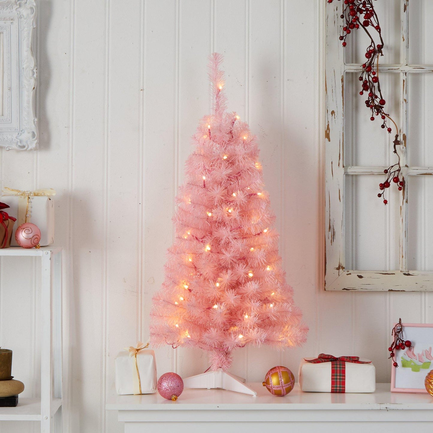 3’ Pink Artificial Christmas Tree with 50 LED Lights and 118 Bendable Branches - Pink - Nearly Natural