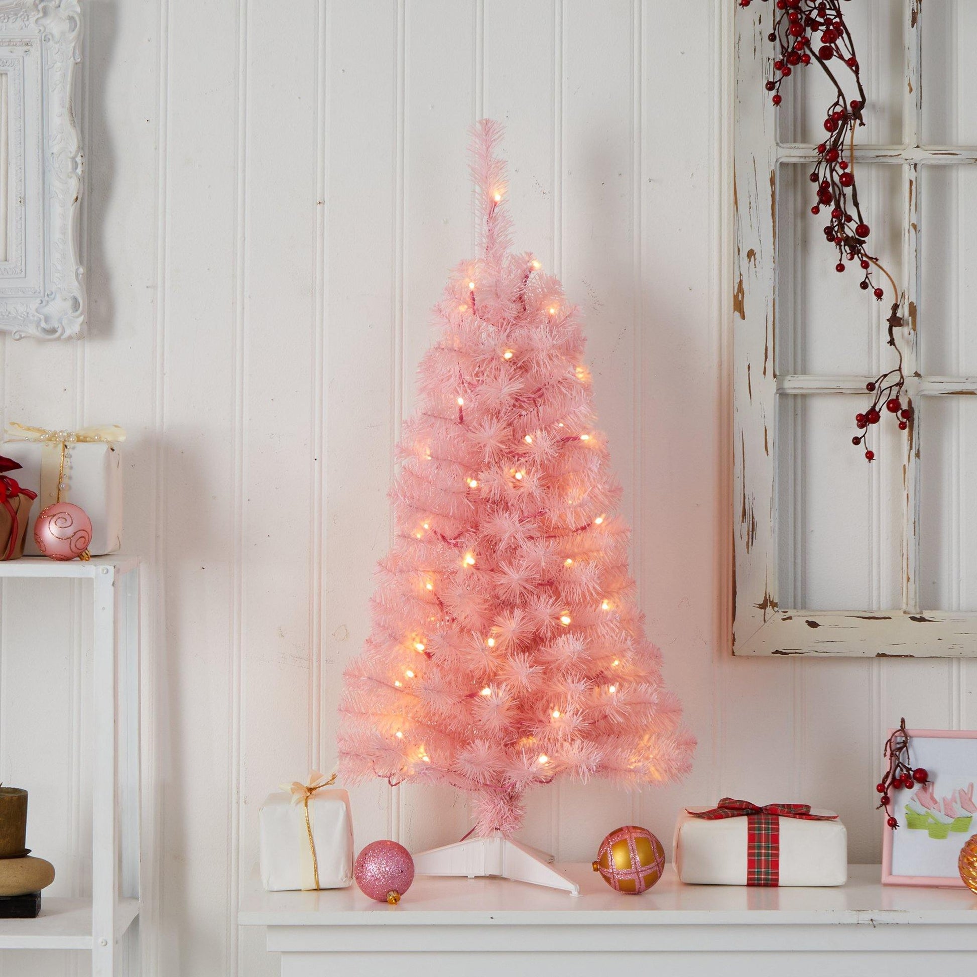 3’ Pink Artificial Christmas Tree with 50 LED Lights and 118 Bendable Branches - Pink - Nearly Natural