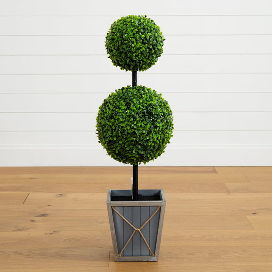 3’ UV Resistant Artificial Double Ball Boxwood Topiary with LED Lights in Decorative Planter (Indoor/Outdoor)