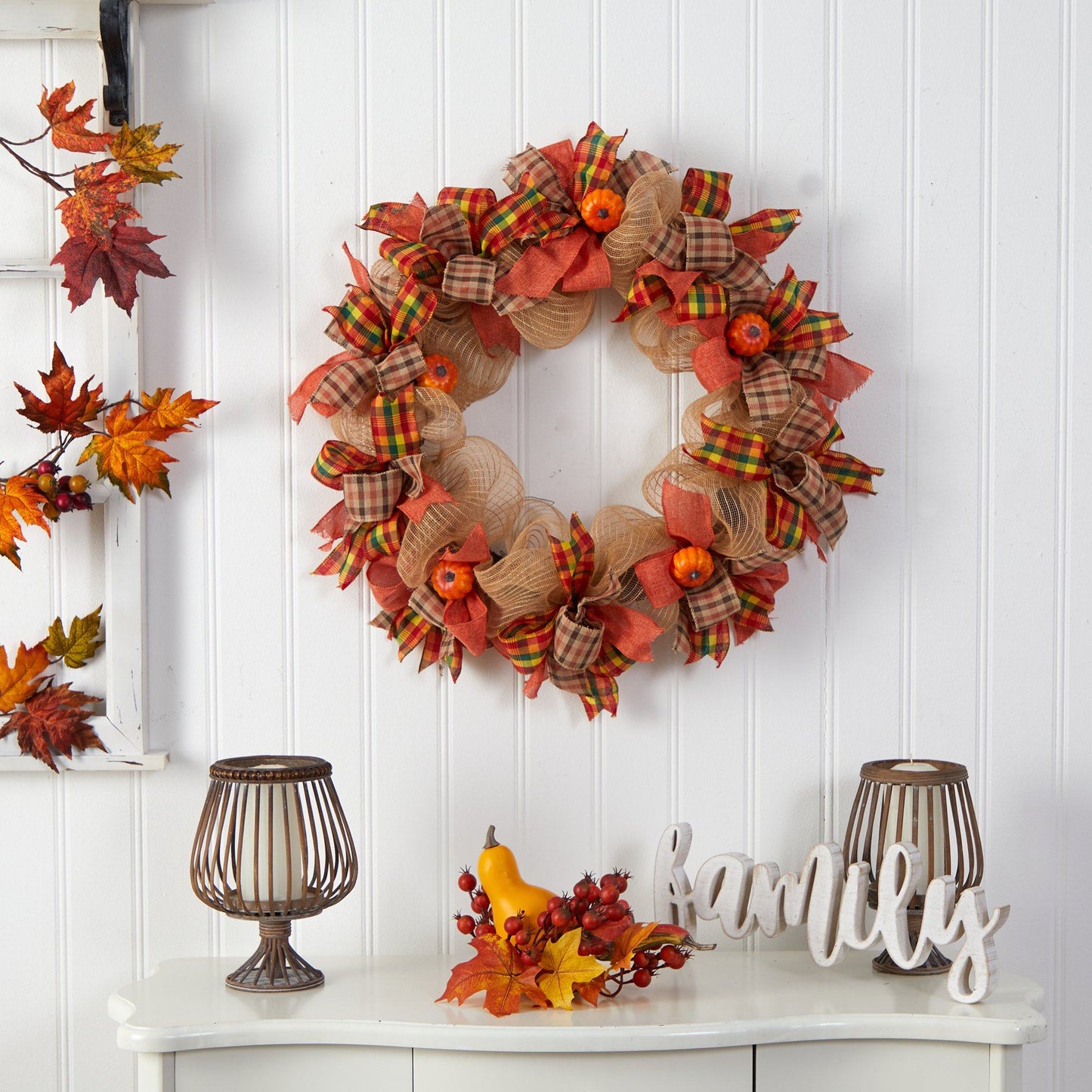 Couronne d'automne artificielle de 30 po avec citrouilles décoratives