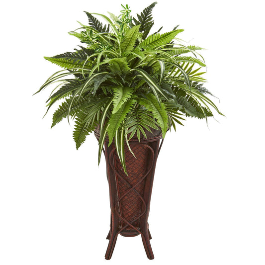 Planta artificial de 32" con hojas verdes y helechos en soporte decorativo