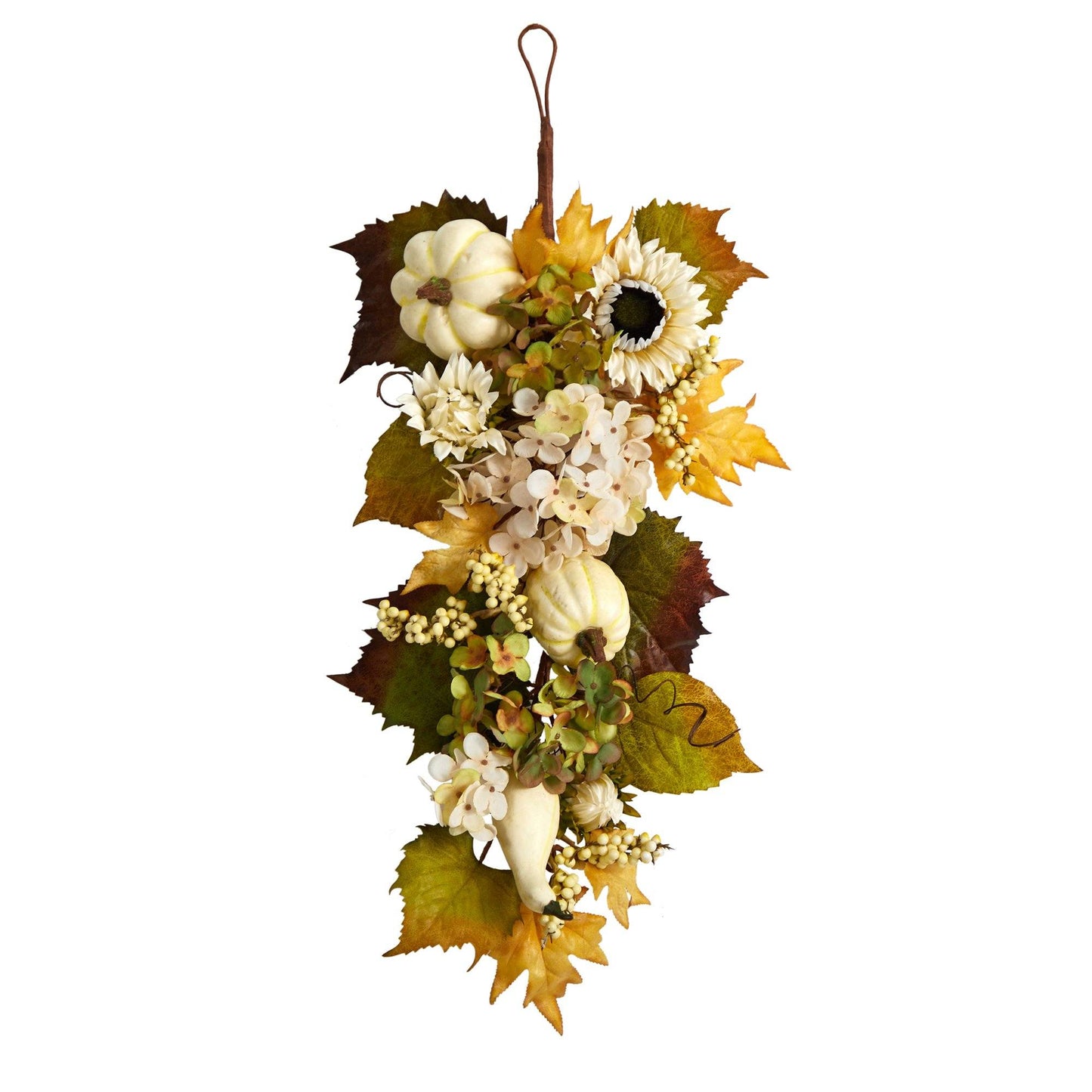 Lágrima artificial de otoño de 33" con forma de girasol, hortensia y calabaza blanca