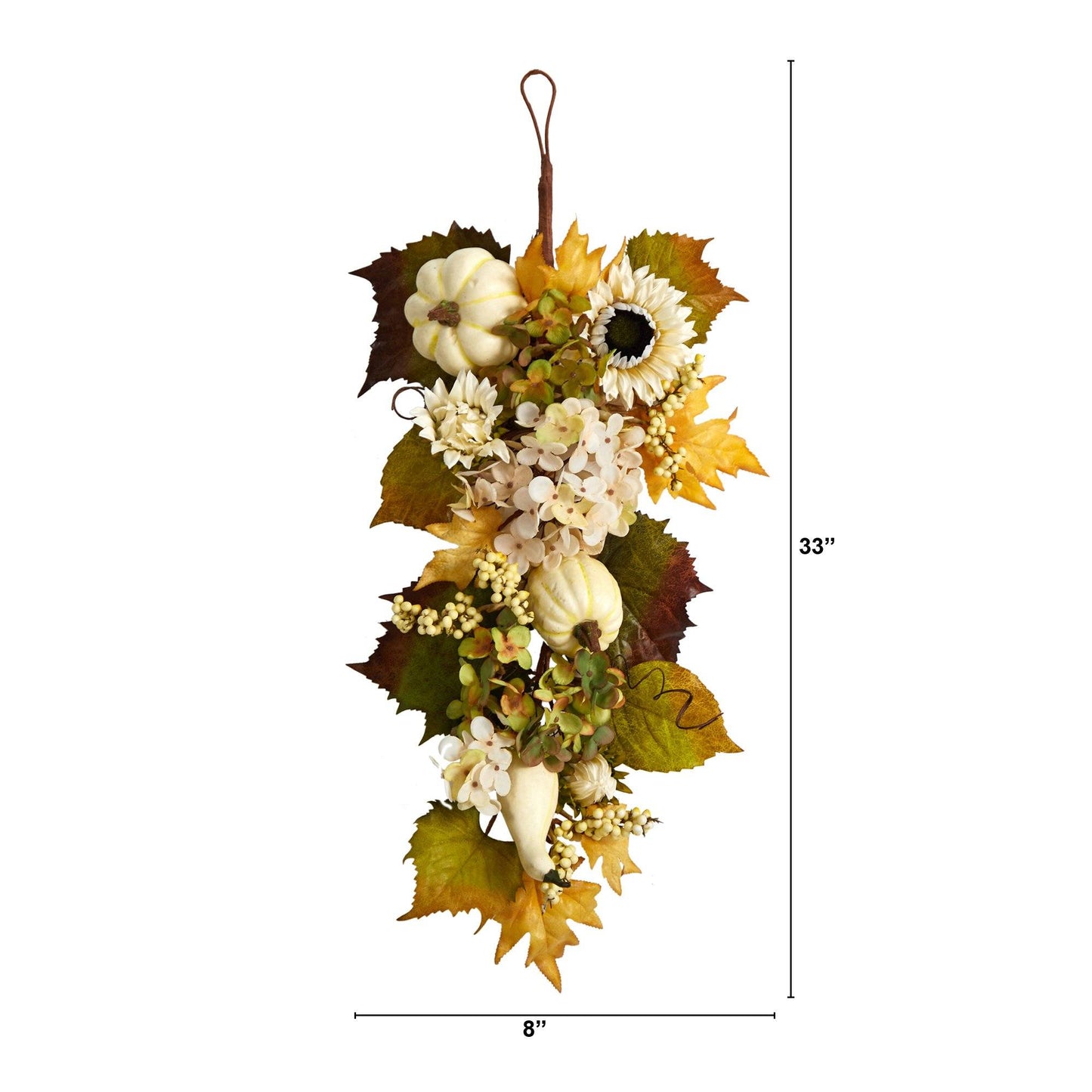 Lágrima artificial de otoño de 33" con forma de girasol, hortensia y calabaza blanca