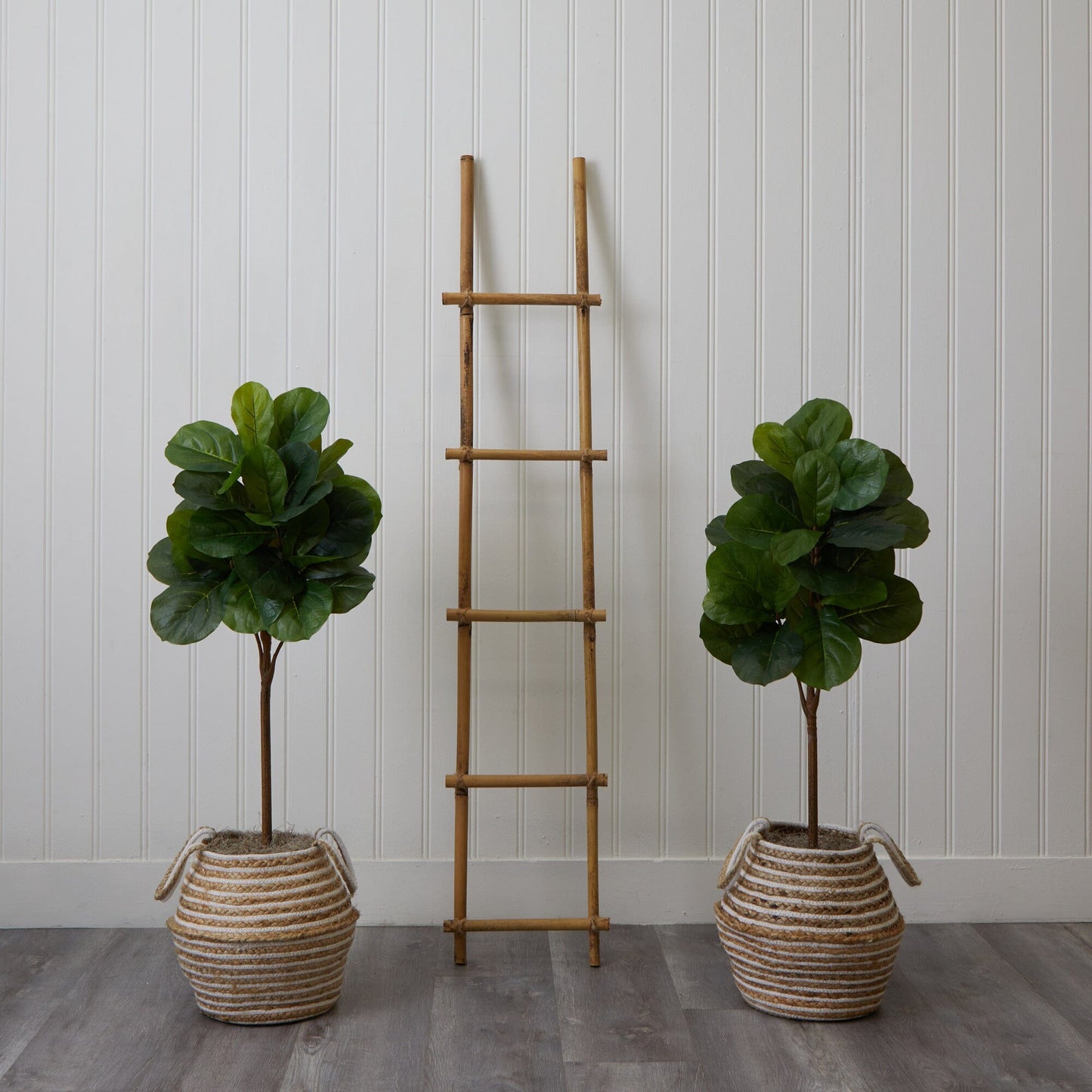 Arbre à feuilles de violon artificiel de 3,5 pi avec panier en jute et coton fait à la main avec pompons KIT DE BRICOLAGE - Lot de 2