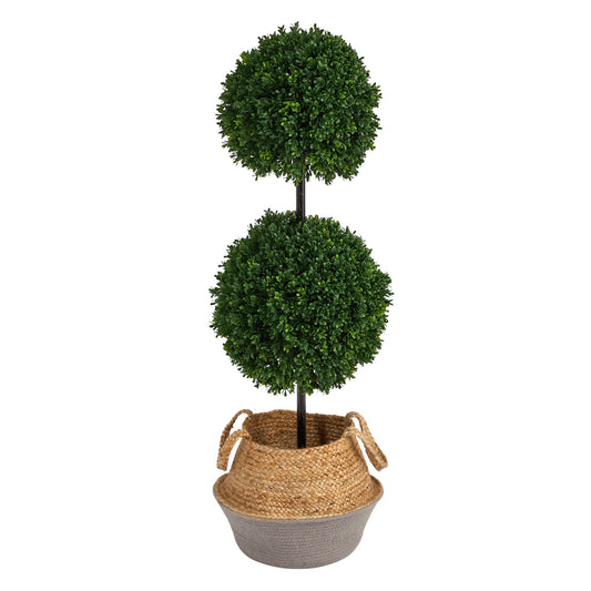 Árbol topiario artificial de boj de doble bola de 3,5 pies con estilo bohemio chic, macetero de yute y algodón hecho a mano, resistente a los rayos UV