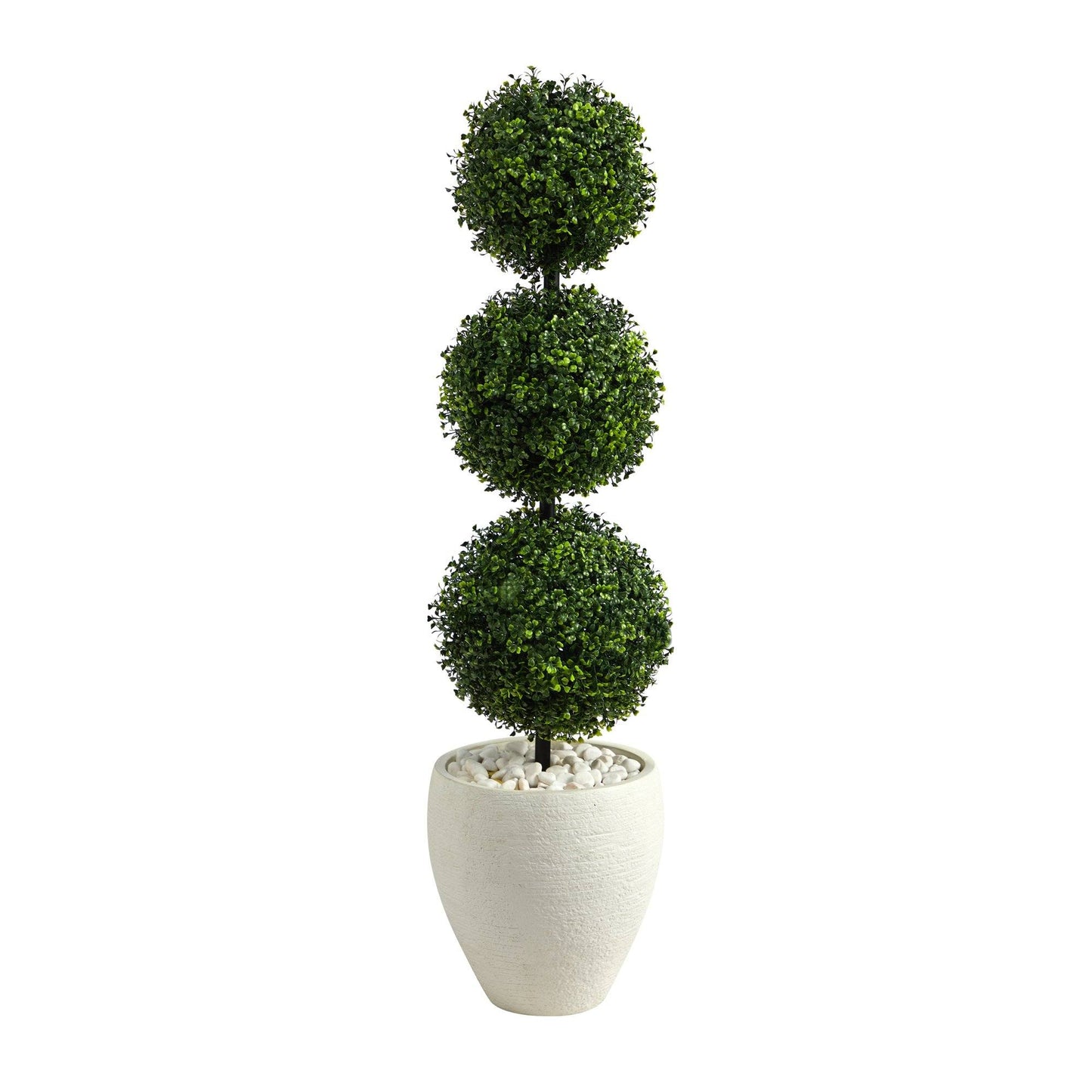 Arbre topiaire artificiel à triple boule de buis de 3,5 pi dans une jardinière blanche (intérieur/extérieur)