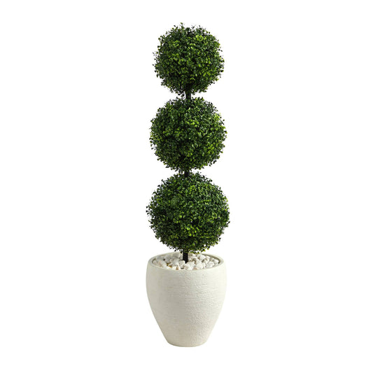 Arbre topiaire artificiel à triple boule de buis de 3,5 pi dans une jardinière blanche (intérieur/extérieur)