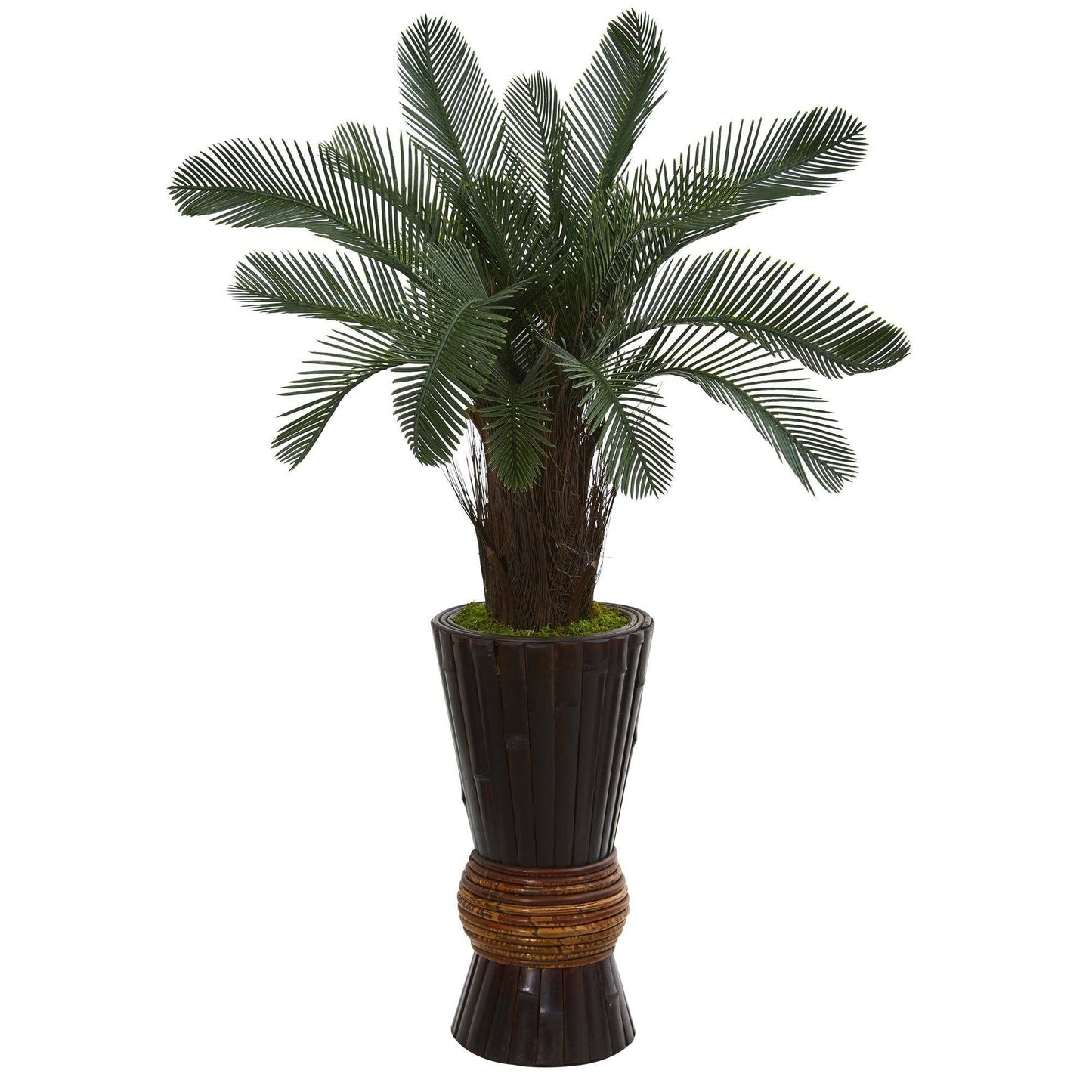 Arbre artificiel Cycas de 3,5 pi dans une jardinière en bambou (intérieur/extérieur)