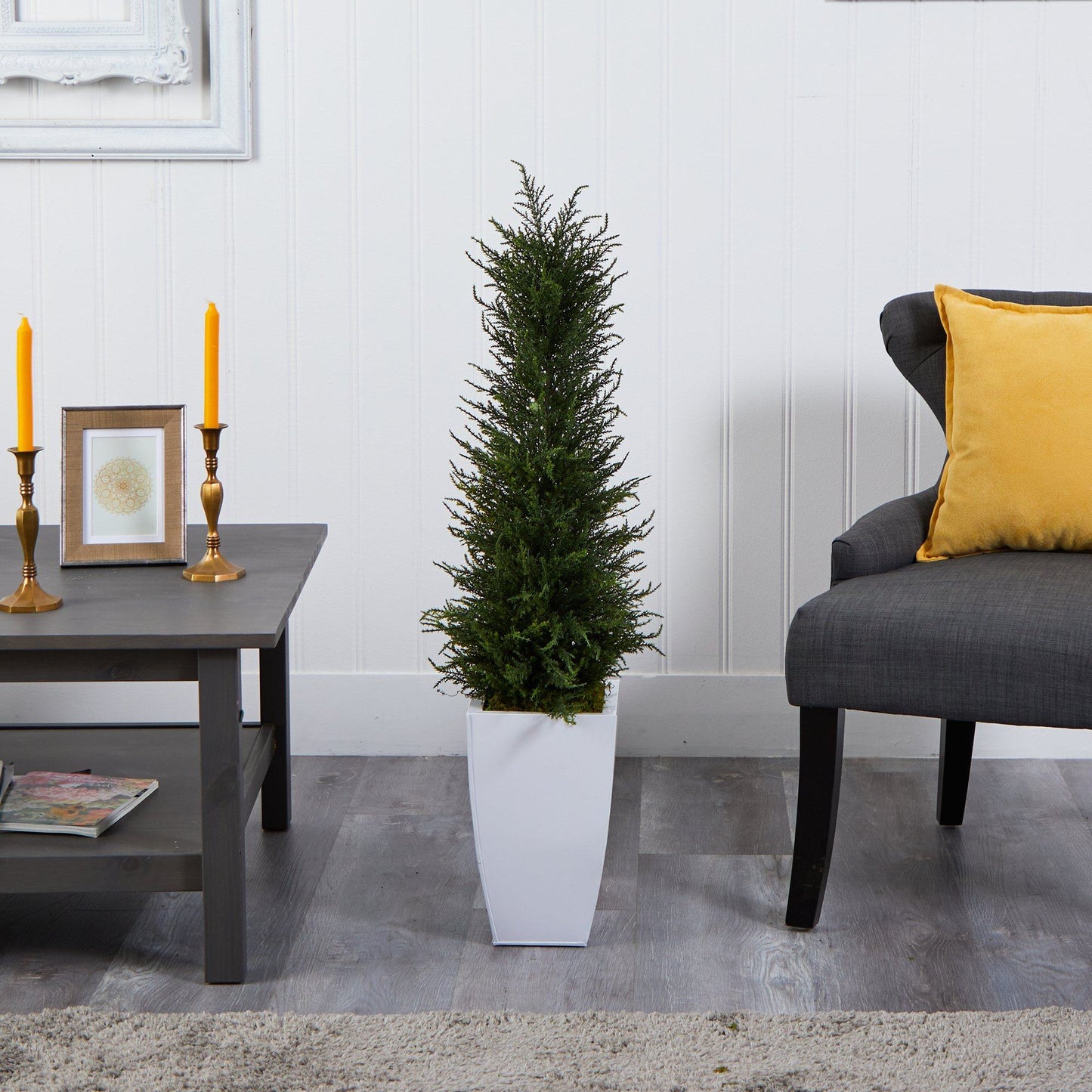 3.5’ Cypress Artificial Tree in White Metal Planter (Indoor/Outdoor)