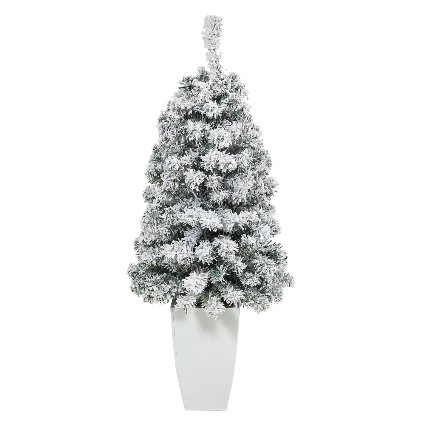 Árbol de Navidad artificial de abeto flocado Rock Springs de 3,5 pies con 50 luces LED transparentes en macetero de metal blanco