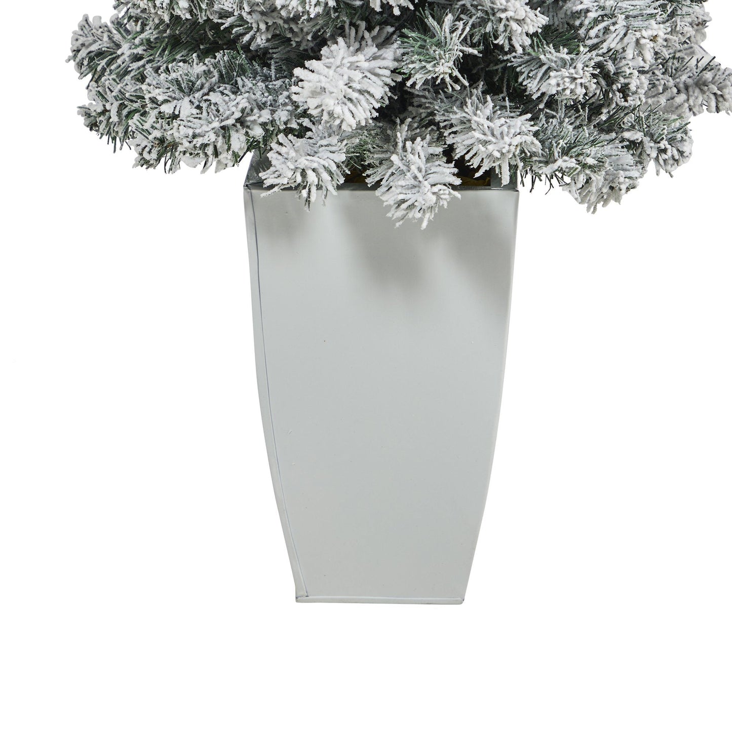 Árbol de Navidad artificial de abeto flocado Rock Springs de 3,5 pies con 50 luces LED transparentes en macetero de metal blanco