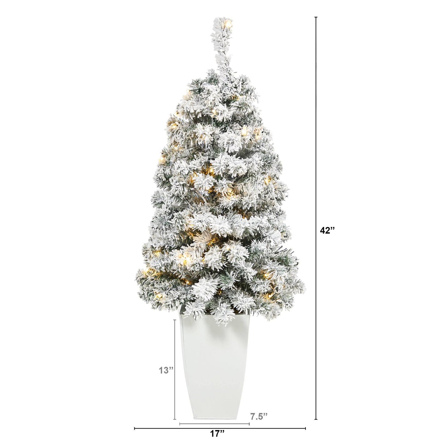 Árbol de Navidad artificial de abeto flocado Rock Springs de 3,5 pies con 50 luces LED transparentes en macetero de metal blanco