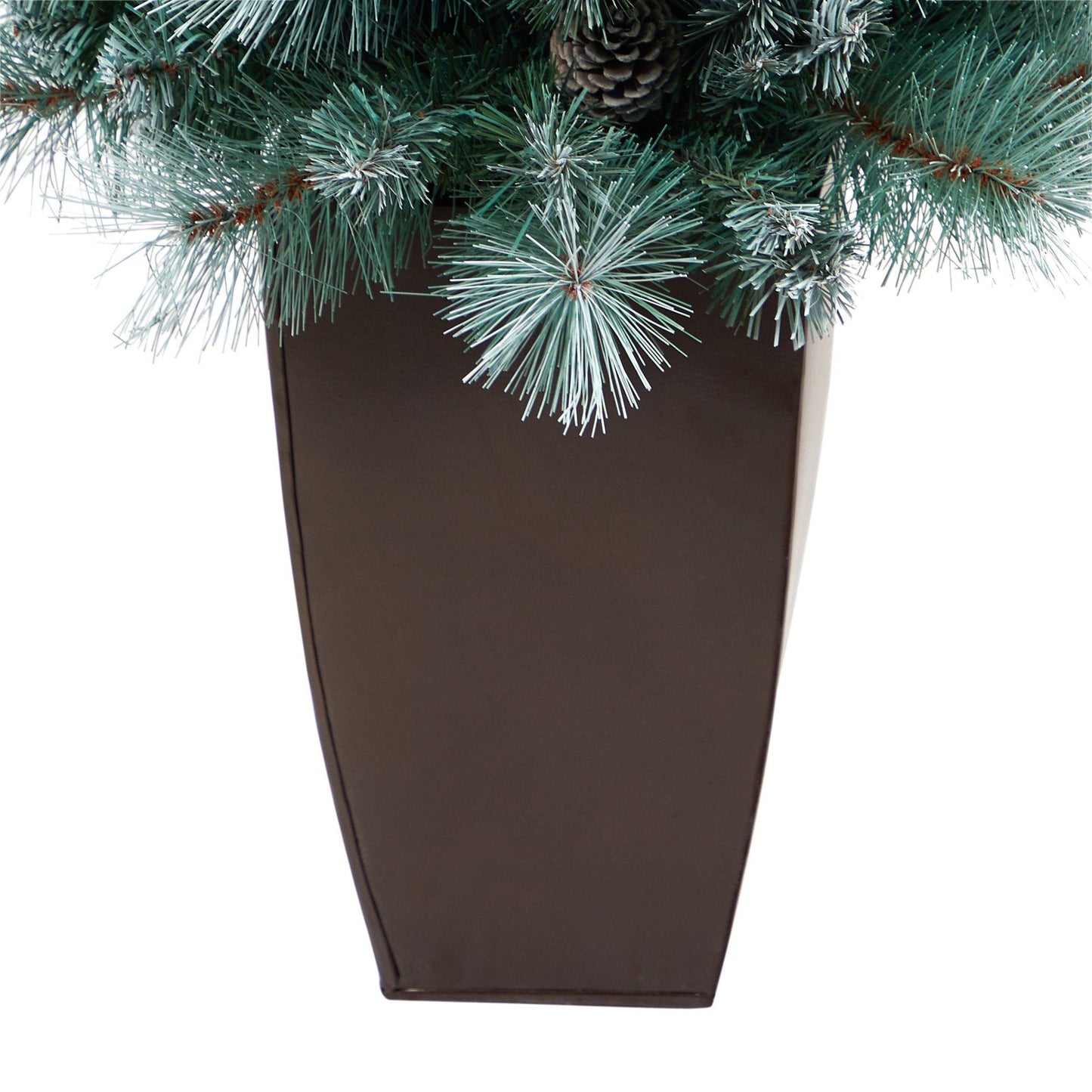 Árbol de Navidad artificial de pino de montaña de Columbia Británica con punta esmerilada de 3,5 pies con 50 luces transparentes, piñas y 112 ramas flexibles en macetero de metal