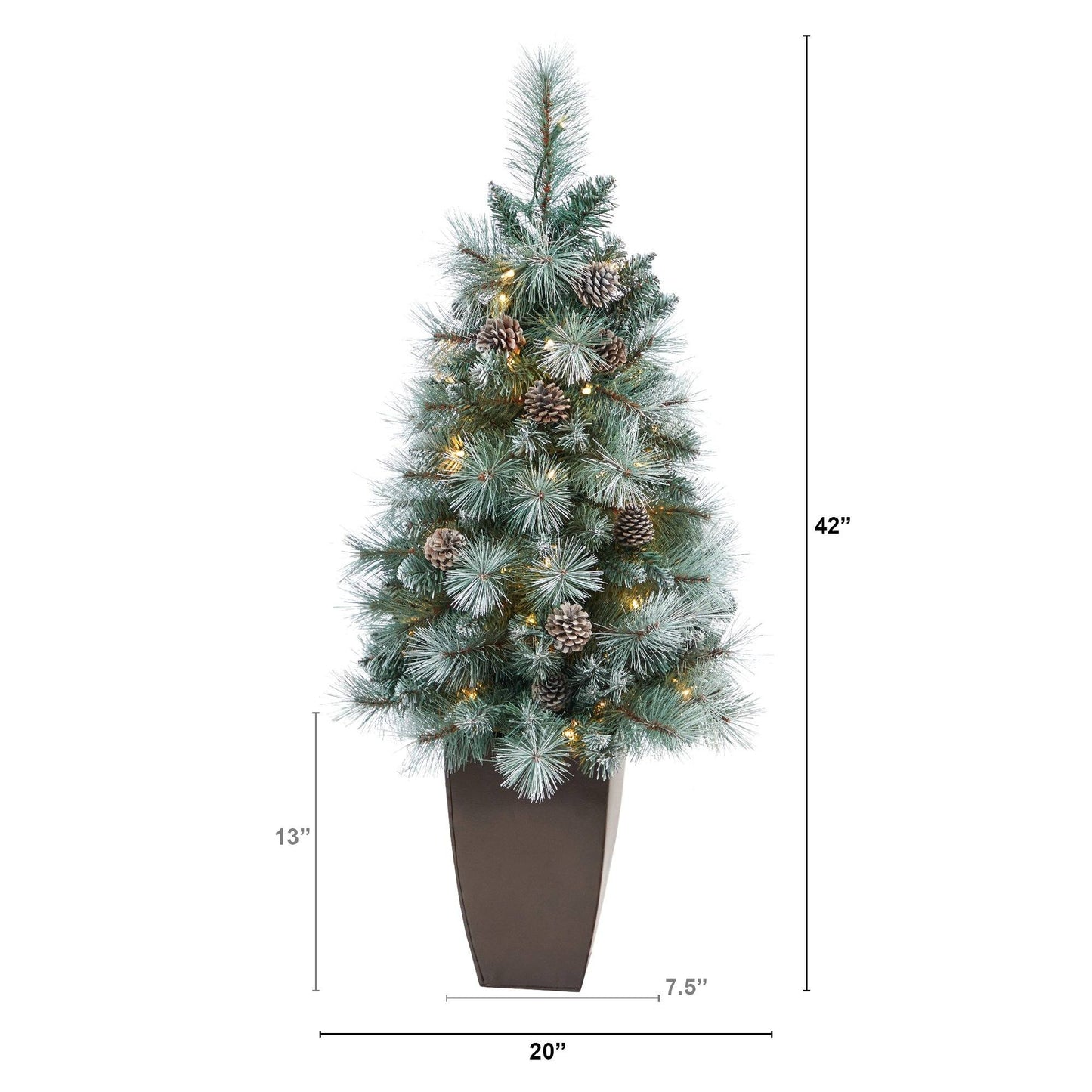 Árbol de Navidad artificial de pino de montaña de Columbia Británica con punta esmerilada de 3,5 pies con 50 luces transparentes, piñas y 112 ramas flexibles en macetero de metal