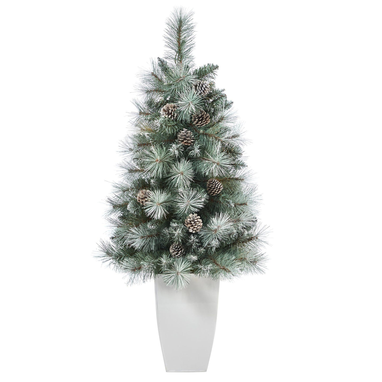 Árbol de Navidad artificial de pino de montaña de Columbia Británica con punta esmerilada de 3,5 pies con 50 luces transparentes, piñas y 112 ramas flexibles en macetero de metal