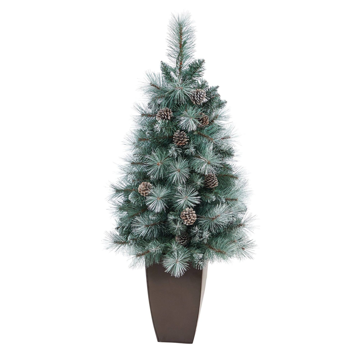 Árbol de Navidad artificial de pino de montaña de Columbia Británica con punta esmerilada de 3,5 pies con 50 luces transparentes, piñas y 112 ramas flexibles en macetero de metal