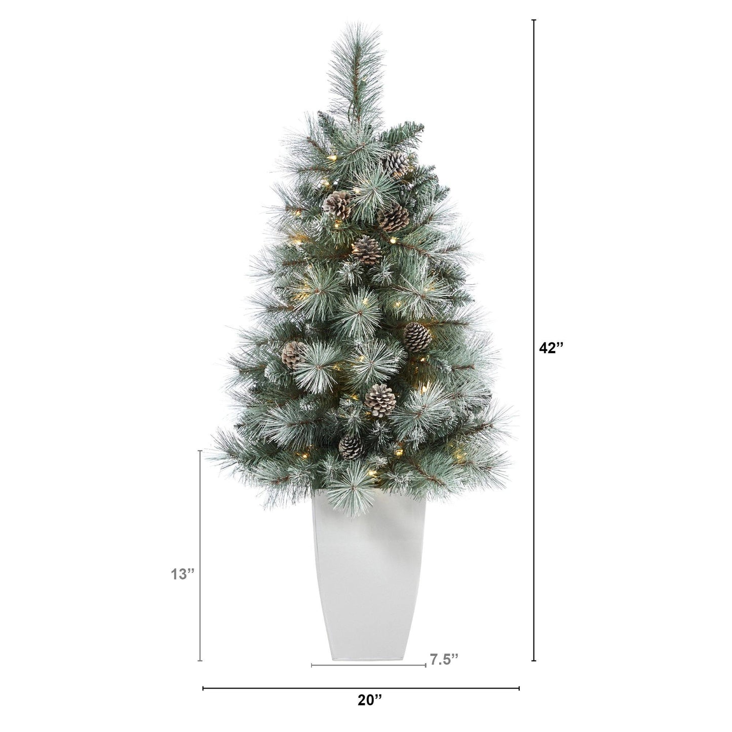 Árbol de Navidad artificial de pino de montaña de Columbia Británica con punta esmerilada de 3,5 pies con 50 luces transparentes, piñas y 112 ramas flexibles en macetero de metal