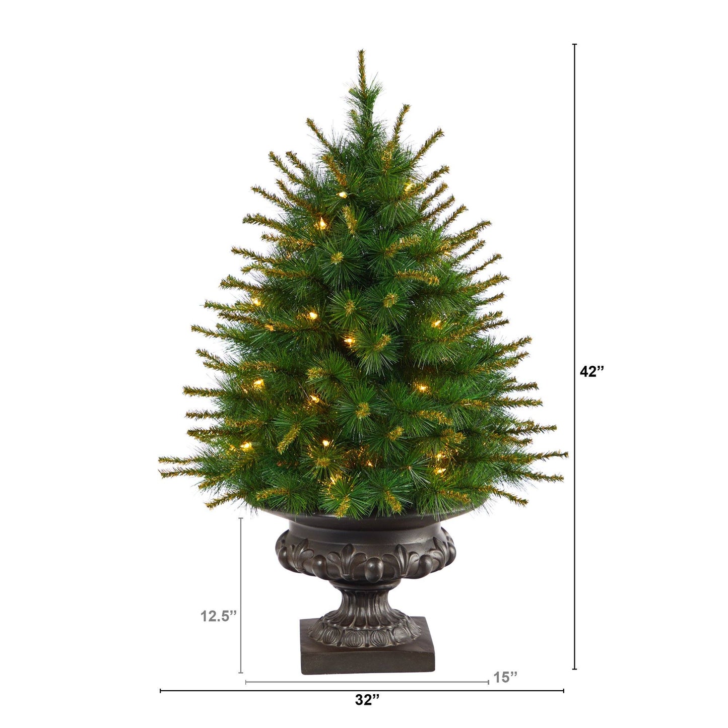 Árbol de Navidad artificial de pino de Nueva Inglaterra de 3,5 pies con 50 luces transparentes y 117 ramas flexibles en urna de color hierro