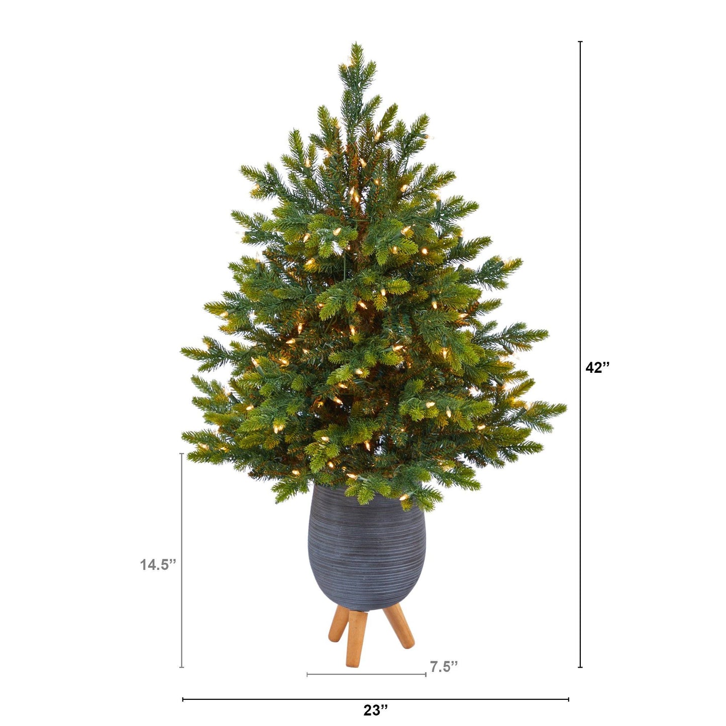 Árbol de Navidad artificial de abeto de Carolina del Norte de 3,5 pies con 150 luces transparentes y 563 ramas flexibles en maceta gris con soporte