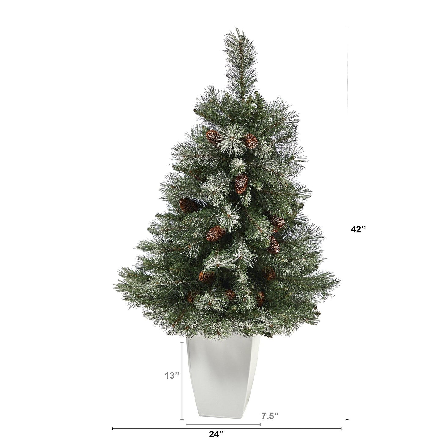 Árbol de Navidad artificial de pino de montaña de los Alpes franceses nevado de 3,5 pies con 135 ramas flexibles y piñas en maceta de metal blanco