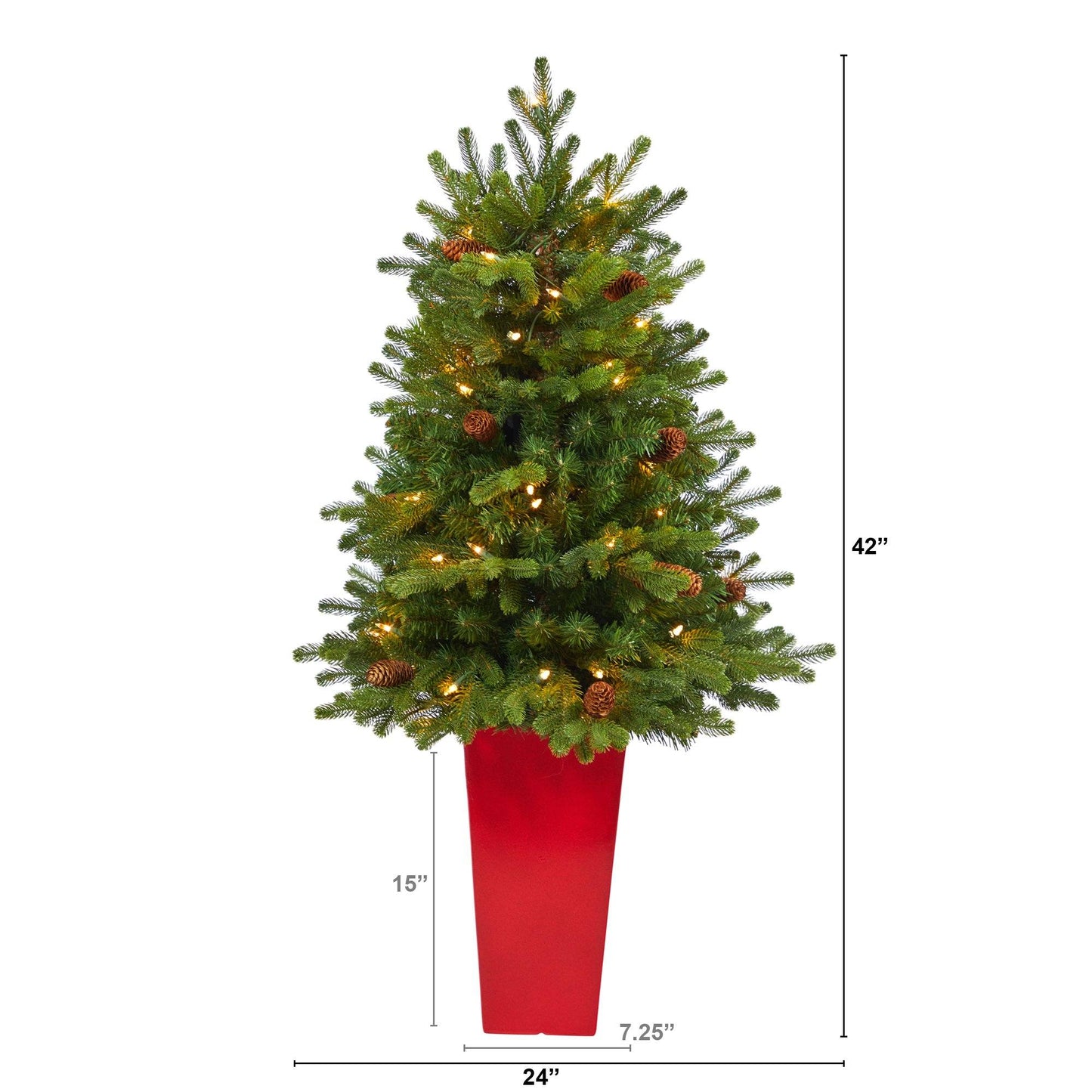 Sapin de Noël artificiel Yukon Mountain de 3,5 pi avec 50 lumières transparentes et pommes de pin dans une jardinière rouge