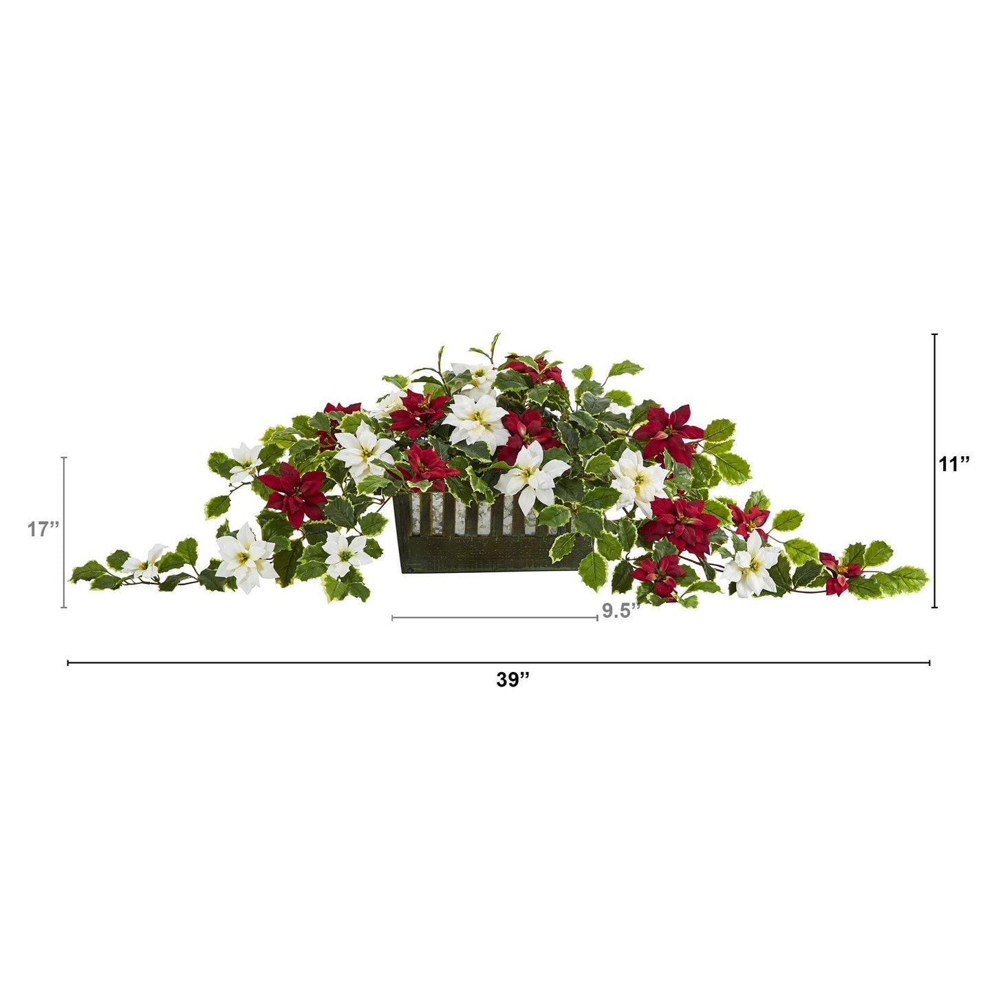 Plante artificielle de 39 po, poinsettia et houx panaché dans une jardinière décorative (Real Touch)