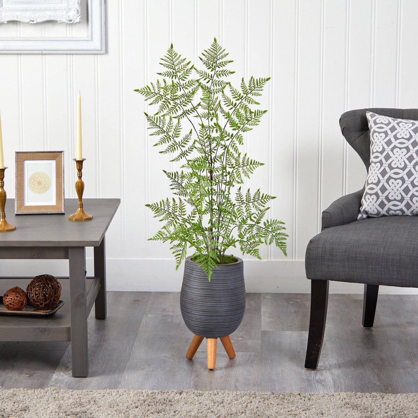 39” Ruffle Fern Artificial Tree in Gray Planter with Stand