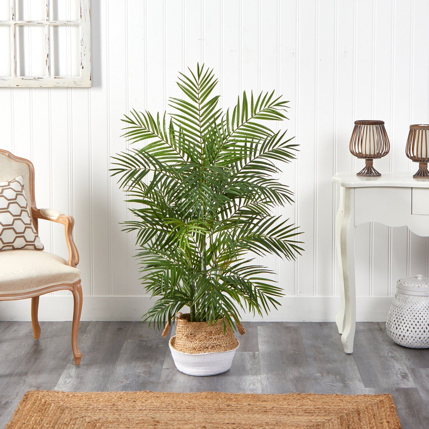 Palmera artificial Areca de 4' en macetero tejido de algodón y yute blanco hecho a mano con estilo bohemio