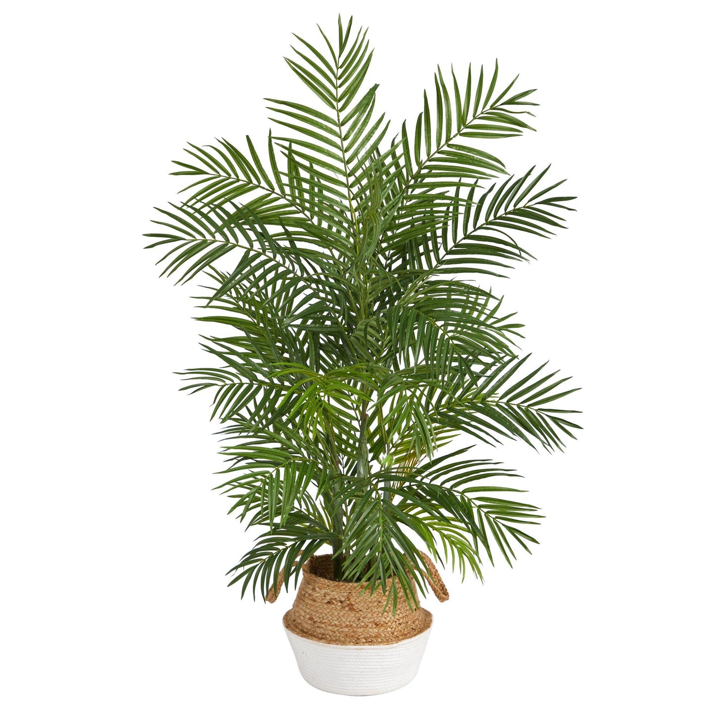 Palmera artificial Areca de 4' en macetero tejido de algodón y yute blanco hecho a mano con estilo bohemio