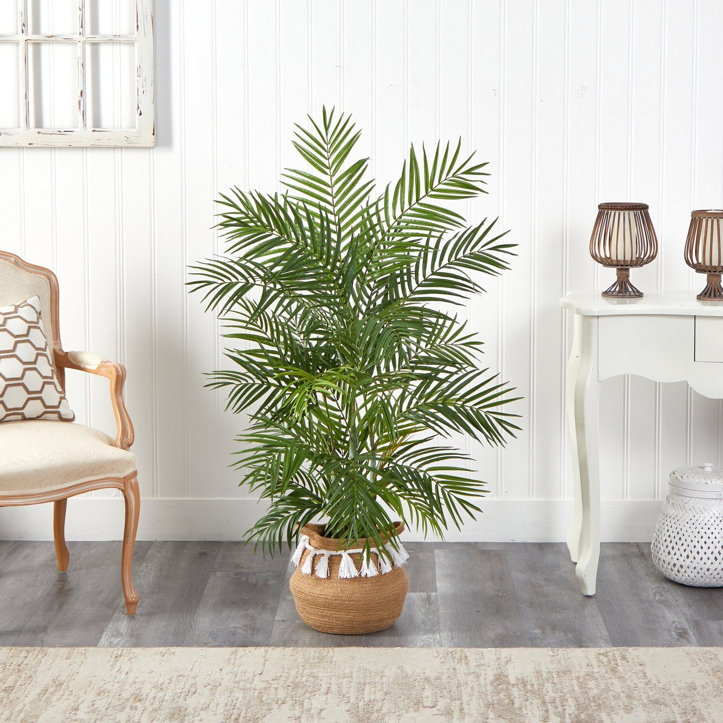 Palmier artificiel Areca de 4 pi dans une jardinière tissée en coton naturel fait main de style bohème chic avec pompons