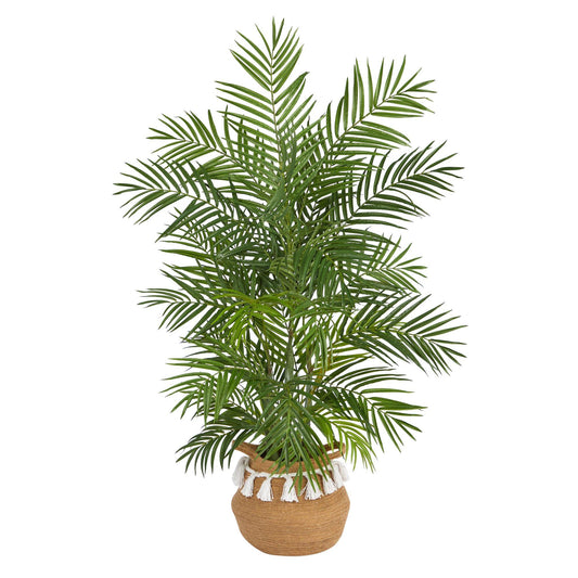 Palmier artificiel Areca de 4 pi dans une jardinière tissée en coton naturel fait main de style bohème chic avec pompons