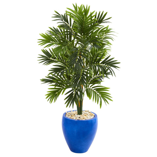 Palmera areca artificial de 4 pies en macetero azul esmaltado