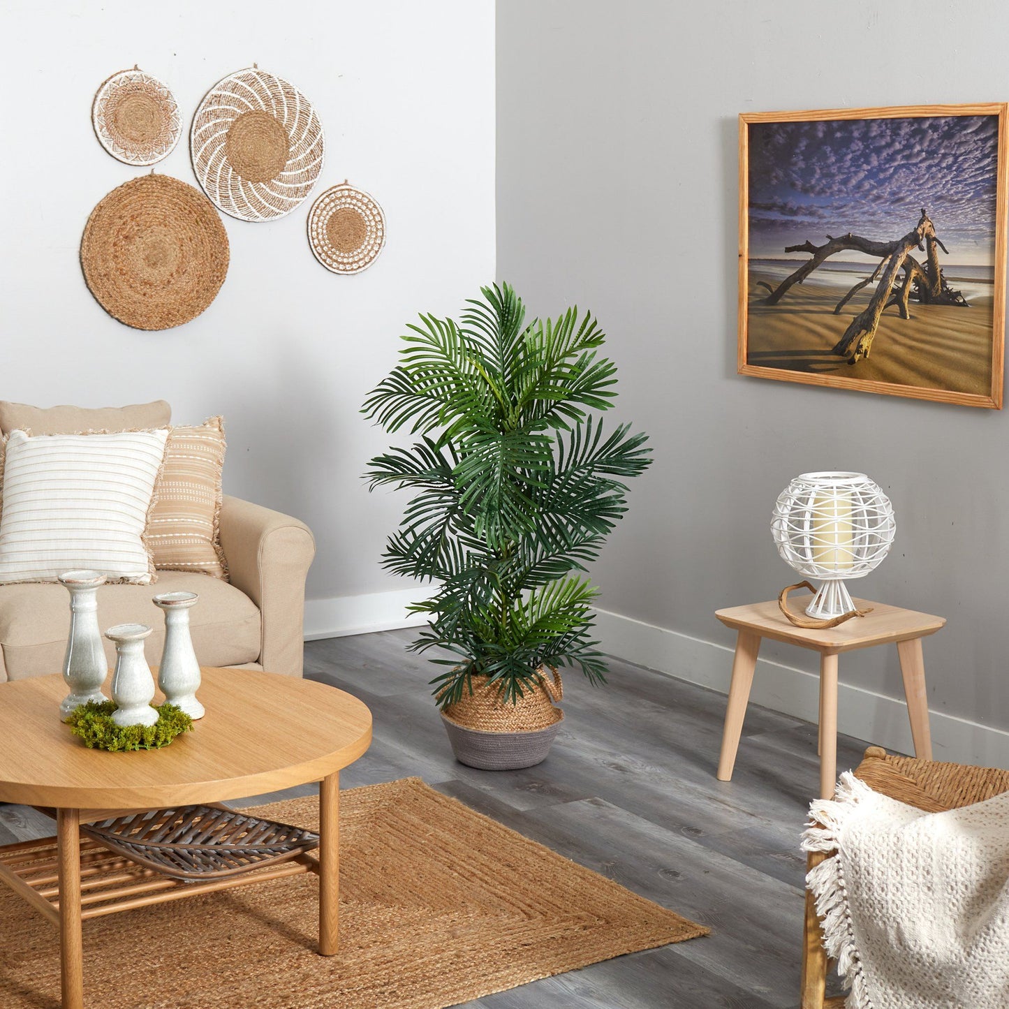 Palmier Areca de 4 pi dans une jardinière tissée en coton et jute gris Boho Chic faite à la main et résistante aux UV