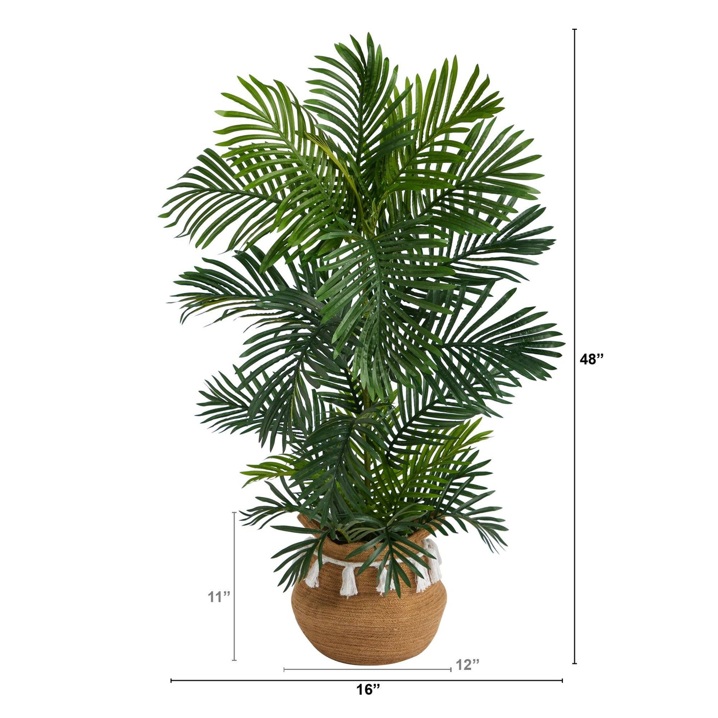 Palmier Areca de 4 pi dans une jardinière tissée en coton naturel fait main de style bohème chic avec pompons résistant aux UV