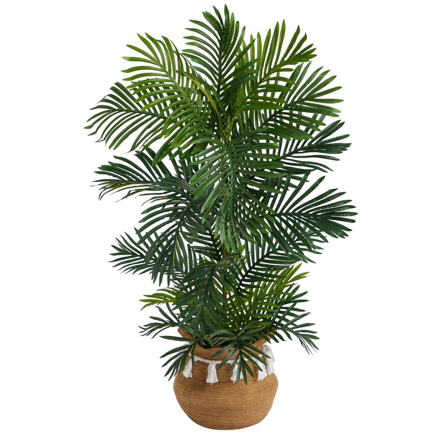 Palmier Areca de 4 pi dans une jardinière tissée en coton naturel fait main de style bohème chic avec pompons résistant aux UV