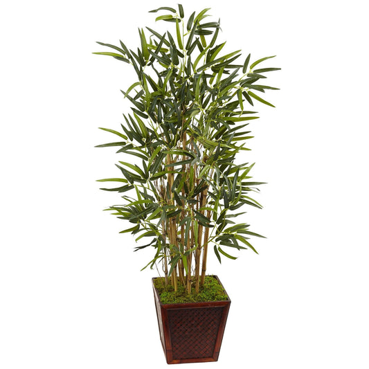 Árbol de bambú artificial de tronco beige de 4 pies en maceta de bambú