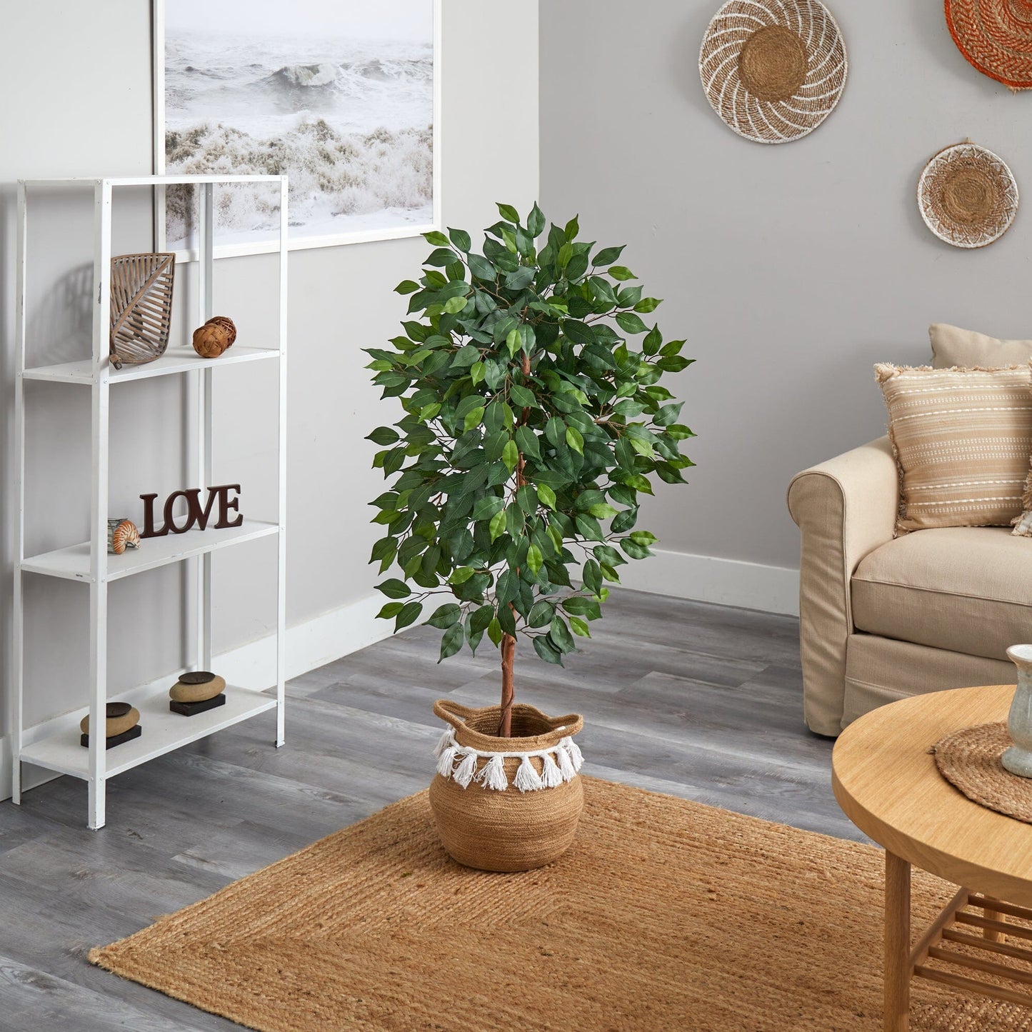 Arbre ficus artificiel de 4 pi avec panier en jute et coton fait à la main avec pompons