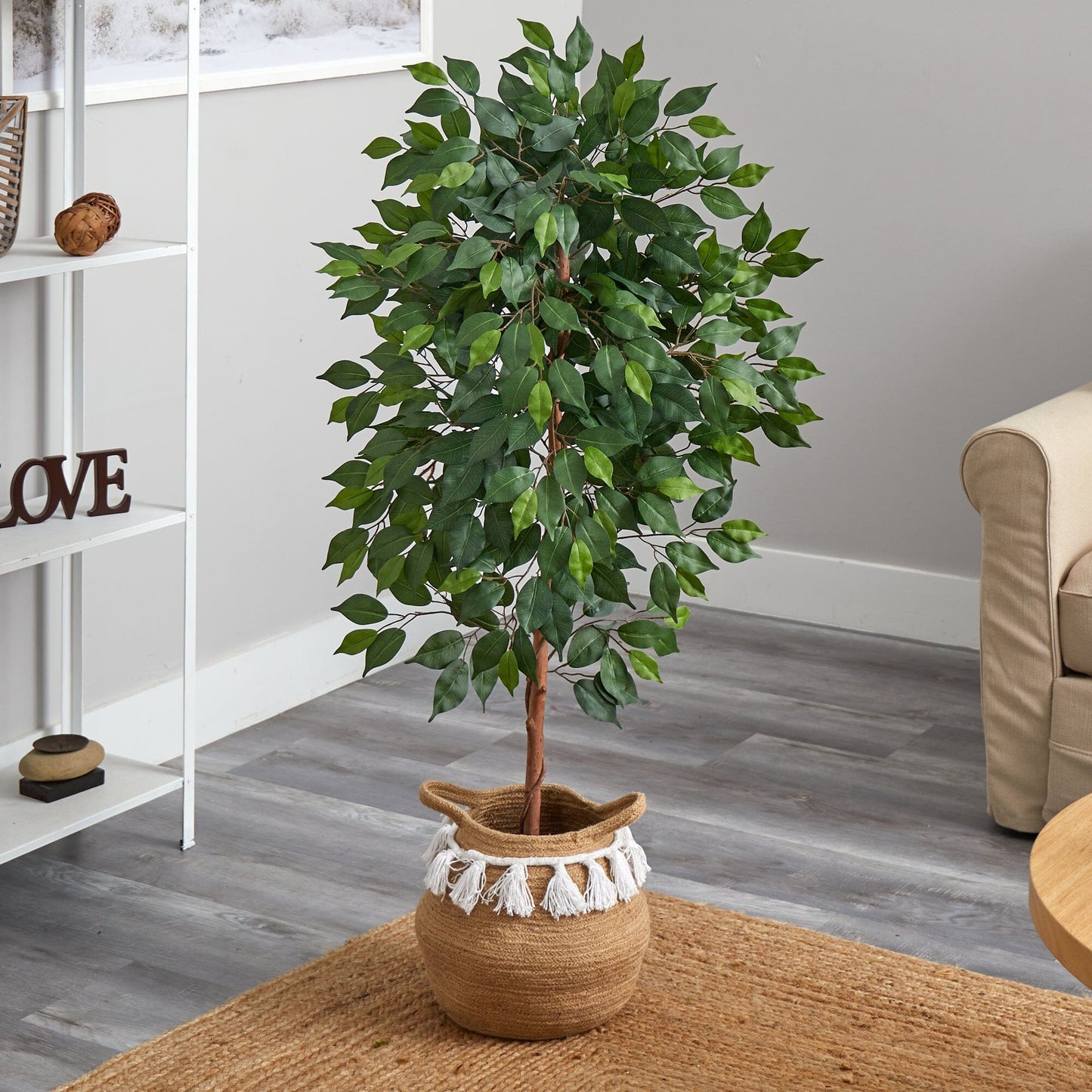 Arbre ficus artificiel de 4 pi avec panier en jute et coton fait à la main avec pompons