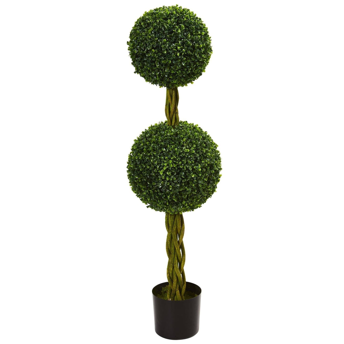 Árbol topiario artificial de doble bola de boj de 4' con tronco tejido resistente a los rayos UV (interior/exterior)