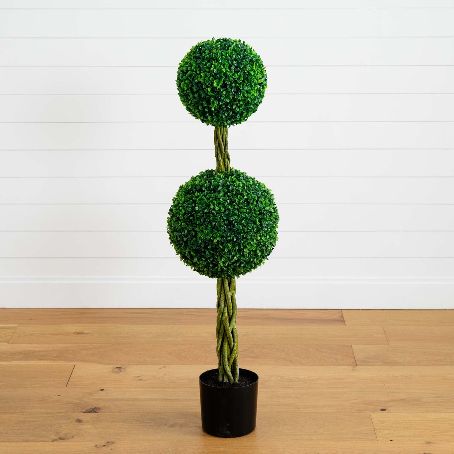 Árbol topiario artificial de doble bola de boj de 4' con tronco tejido resistente a los rayos UV (interior/exterior)