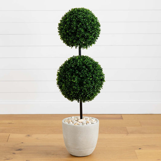 Arbre topiaire artificiel en buis à double boule de 4 pi dans une jardinière ovale (intérieur/extérieur)