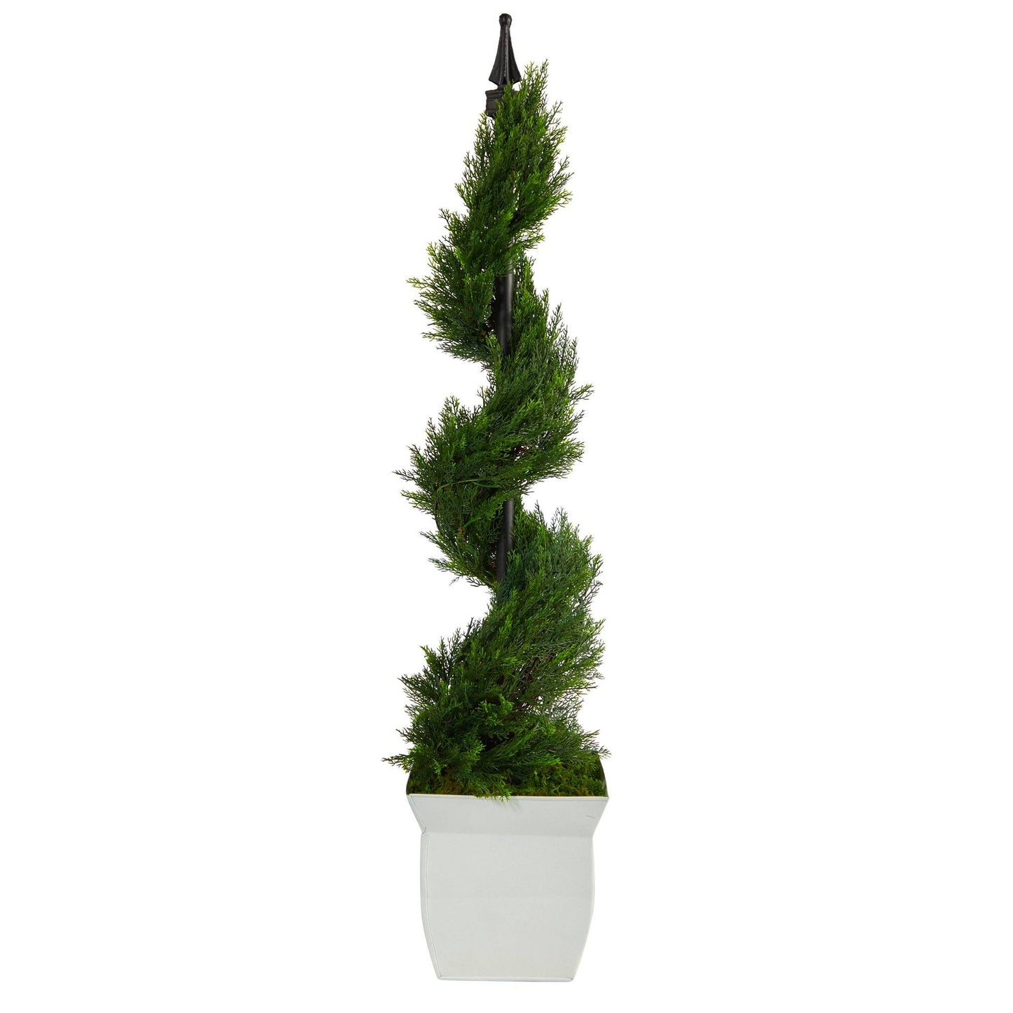 Árbol topiario artificial en espiral de ciprés de 4 pies en maceta de metal blanco