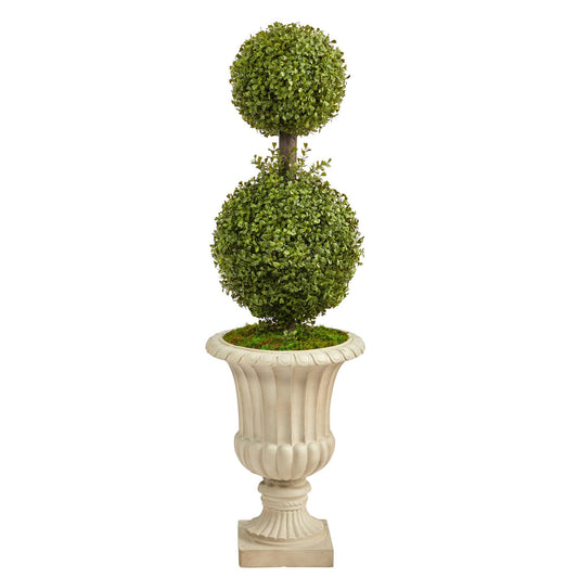 4’ Double Boxwood Topiary Artificial Tree in Sand Finished Urn