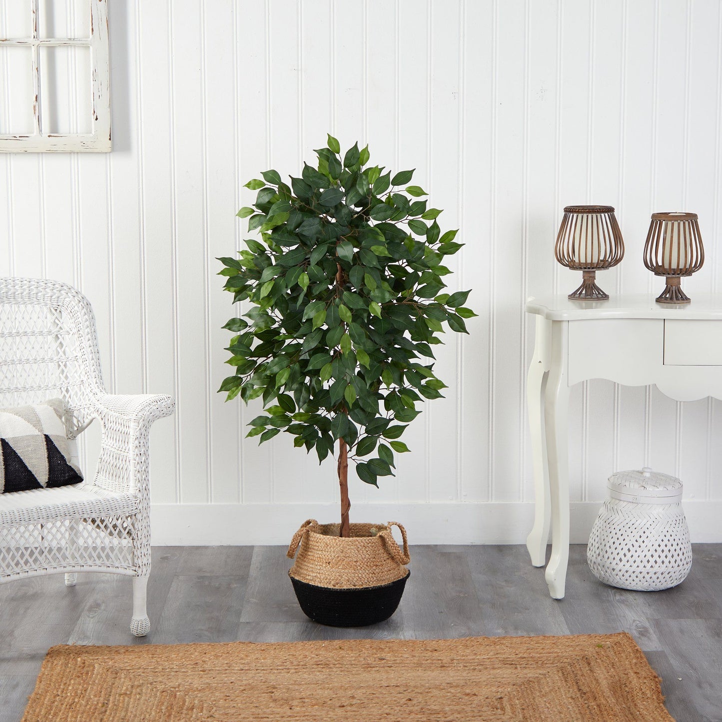 4’ Ficus Artificial Tree in Boho Chic Handmade Cotton & Jute Black Woven Planter