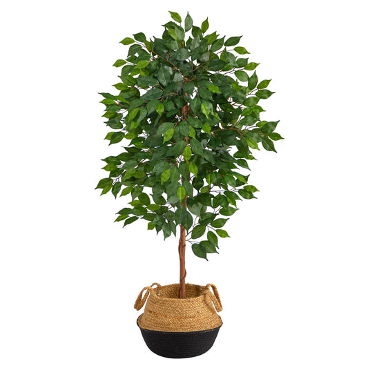 4’ Ficus Artificial Tree in Boho Chic Handmade Cotton & Jute Black Woven Planter