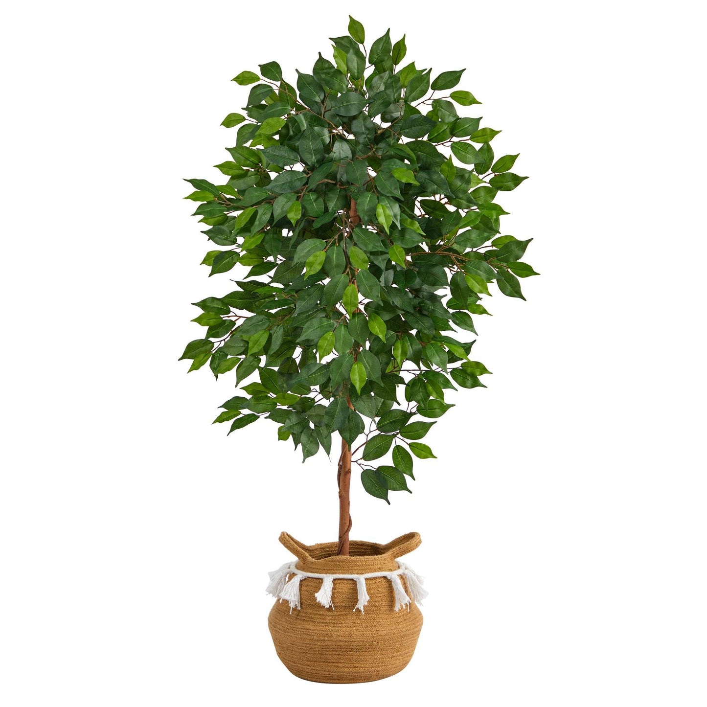 Árbol ficus artificial de 4 pies en macetero tejido de algodón natural hecho a mano con borlas de estilo bohemio chic