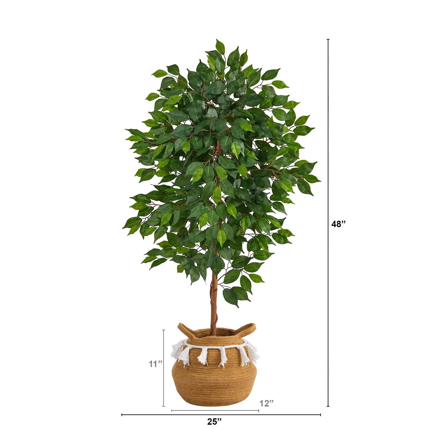 Árbol ficus artificial de 4 pies en macetero tejido de algodón natural hecho a mano con borlas de estilo bohemio chic