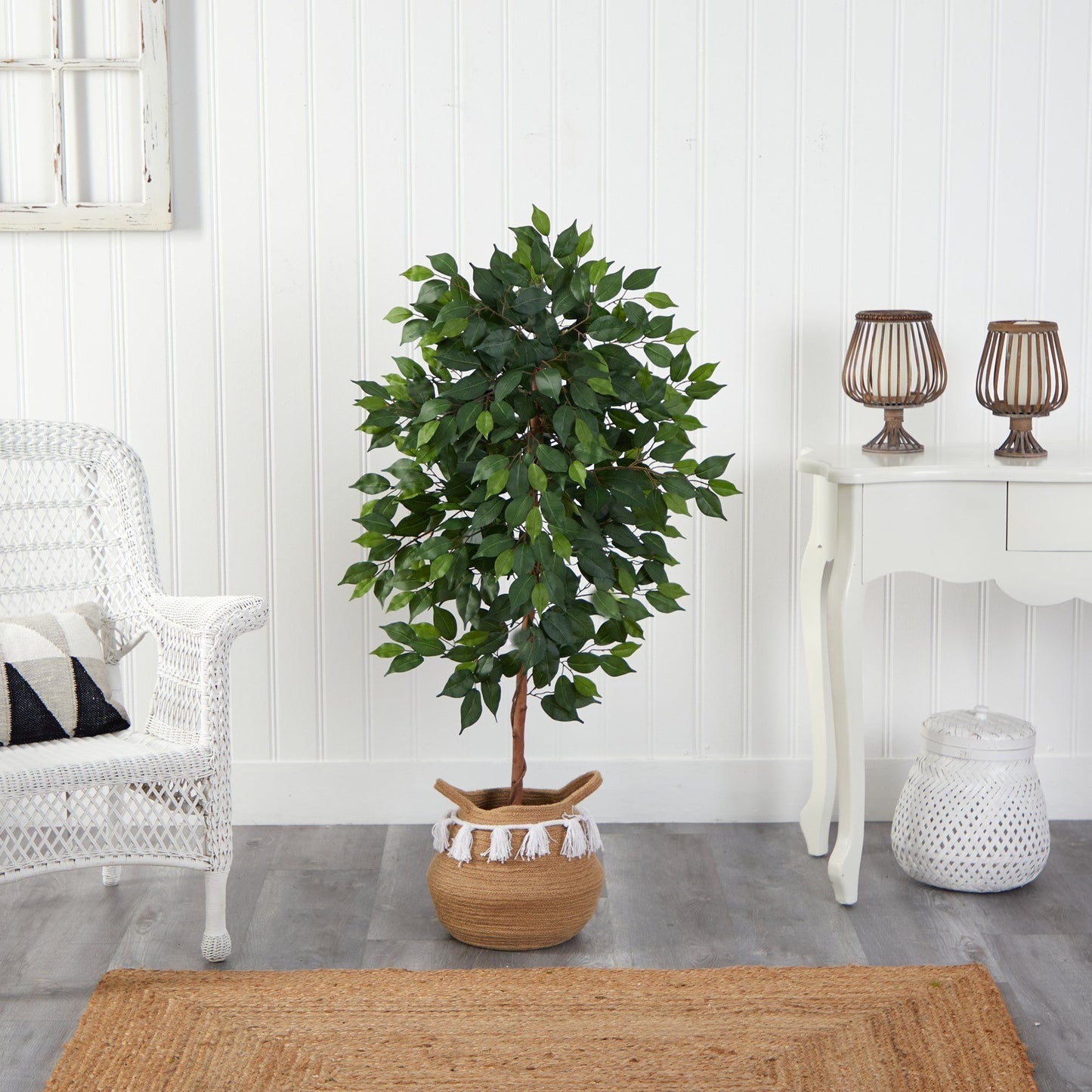 Árbol ficus artificial de 4 pies en macetero tejido de algodón natural hecho a mano con borlas de estilo bohemio chic