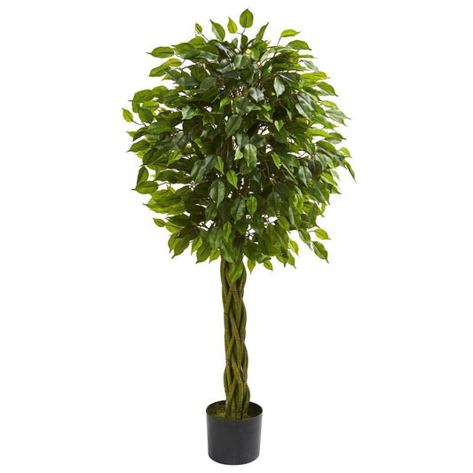 Árbol ficus artificial de 4 pies con tronco tejido resistente a los rayos UV (interior/exterior)